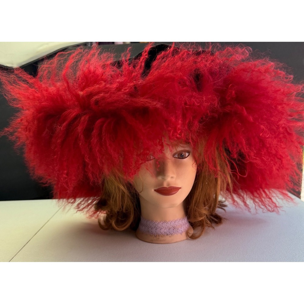 Vintage Red Mongolian Lamb Fur Black Velvet Oversize Renaissance Hat Avant Garde